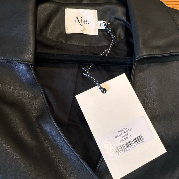 AJE. faux leather Idyllic Wrap Long sleeve Top in Color Black size 12 / Us 8 - Picture 4 of 16